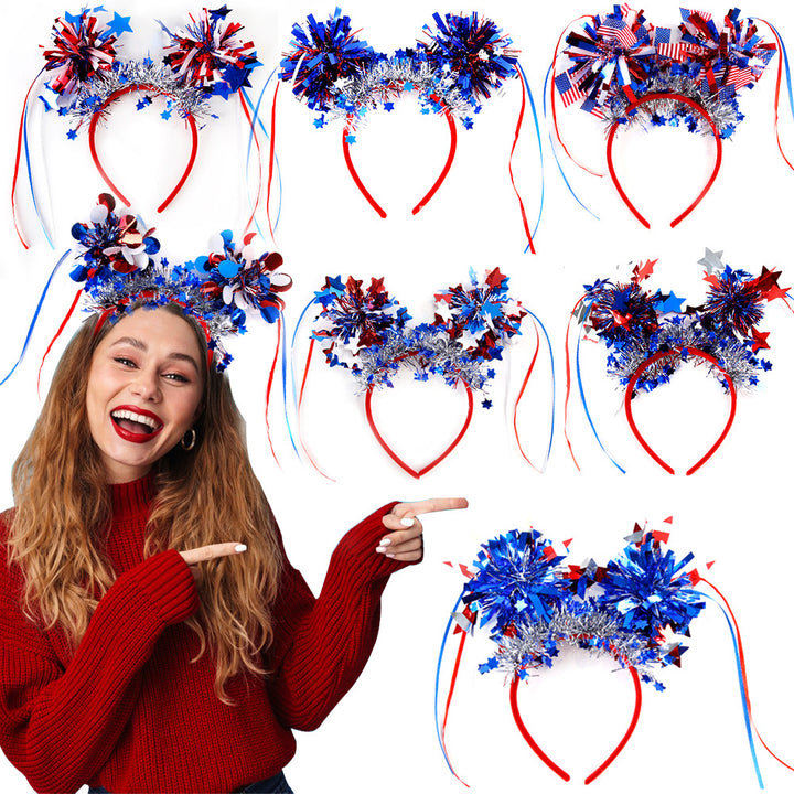 Unisex nan festive patriotic tinsel pompom headband with star garland and ribbon streamers Bowlift