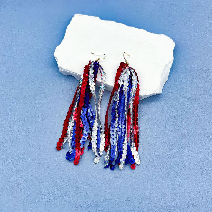 Women nan long layered tassel earrings made of mesh with stripe star pattern Bowlift