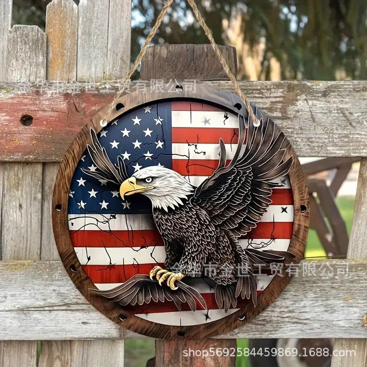 Independence Day rustic round wooden patriotic cross wall plaque with floral accents and God Bless America banner Bowlift
