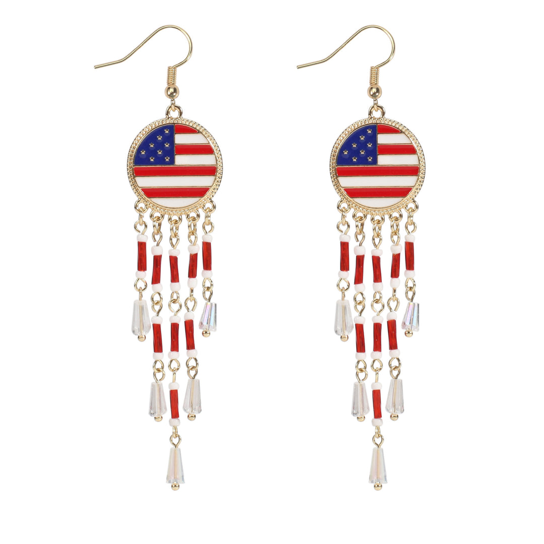 Women's nan long beaded fringe dangle earrings with enamel flag medallion and crystal drops Bowlift