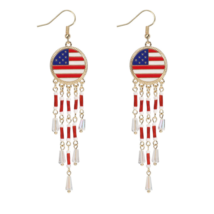Women's nan long beaded fringe dangle earrings with enamel flag medallion and crystal drops Bowlift