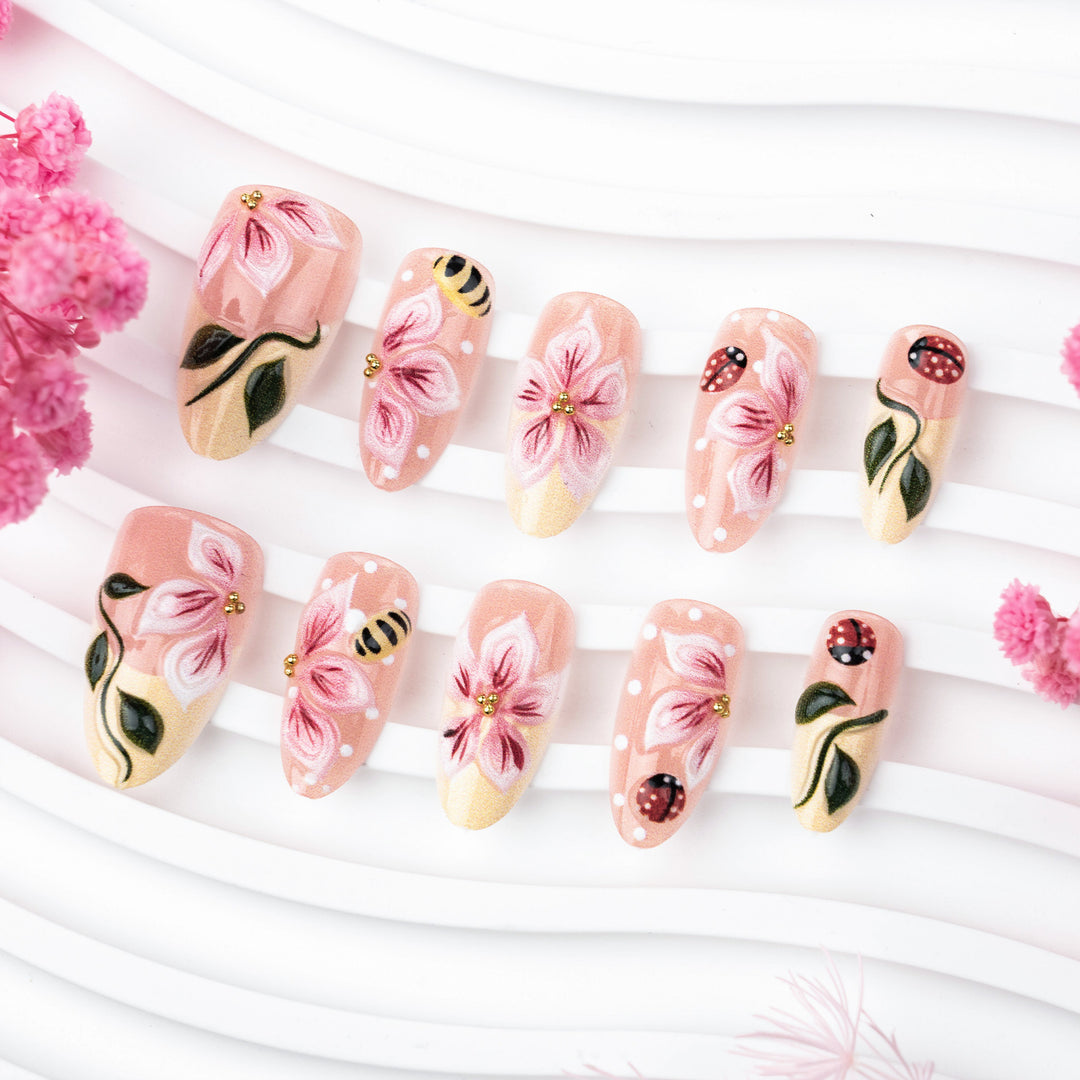 Artful Nail Extensions with Floral Designs Bowlift