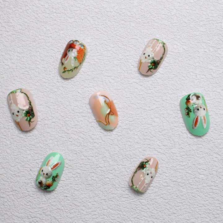 Whimsical Bunny-Themed 3D Press-On Nail Art Bowlift