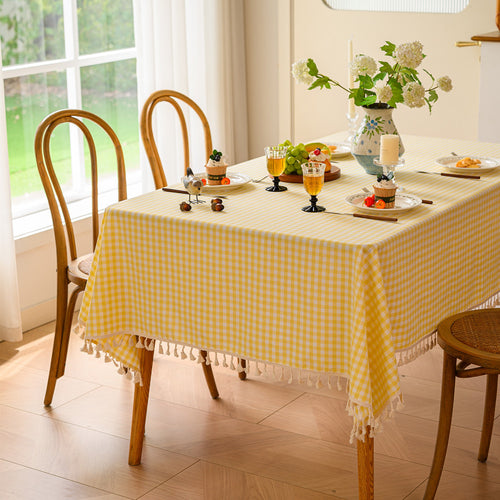 Gingham Patterned Tablecloth with Tassel Trim