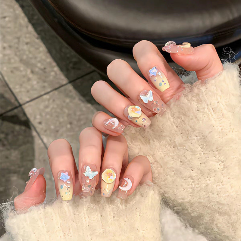 Decorative Press-On Nail Set with Star and Moon Accents Bowlift