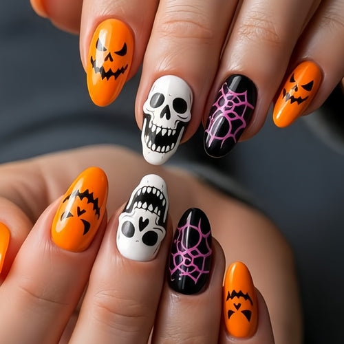 Halloween Artificial Nails in Creative Pumpkin and Skull Design Bowlift