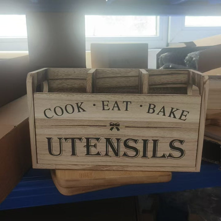 Rustic Farmhouse Kitchen Utensil Organizer Crate with Triple Compartments Bowlift