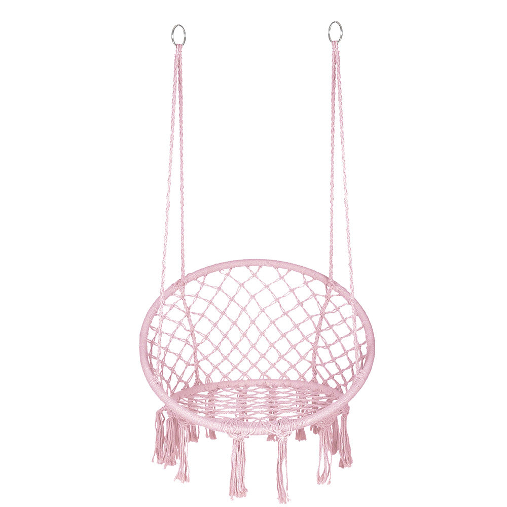 Macrame hanging chair with complete ceiling mounting kit and decorative tassel fringe Bowlift