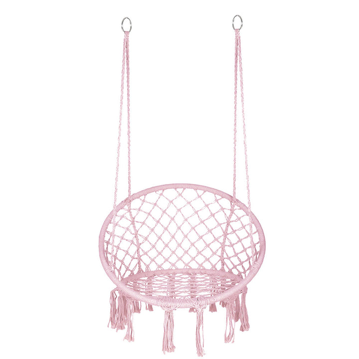 Macrame hanging chair with complete ceiling mounting kit and decorative tassel fringe Bowlift