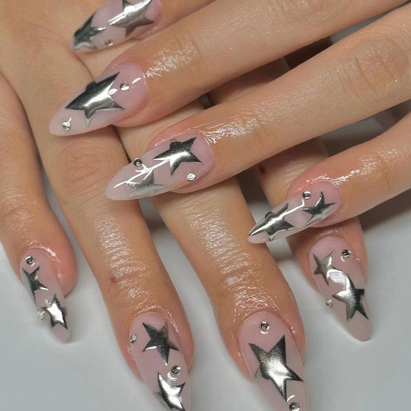 Artistic Nail Extensions with Silver Star Design Bowlift