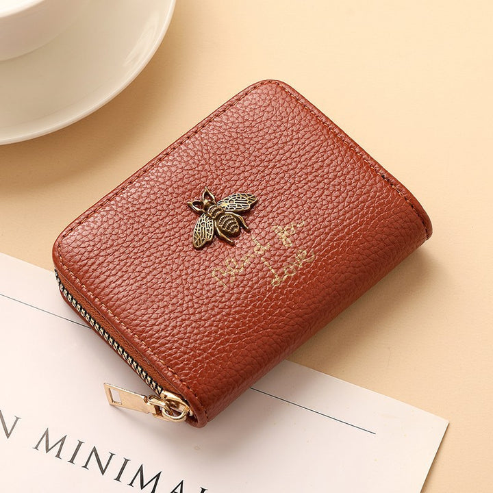 Designer Bee-Embellished Leather Zip-around Wallet Bowlift