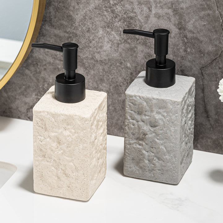 Textured Ceramic Rectangular Soap Dispenser with Matte Pump and Stone-Look Finish Bowlift