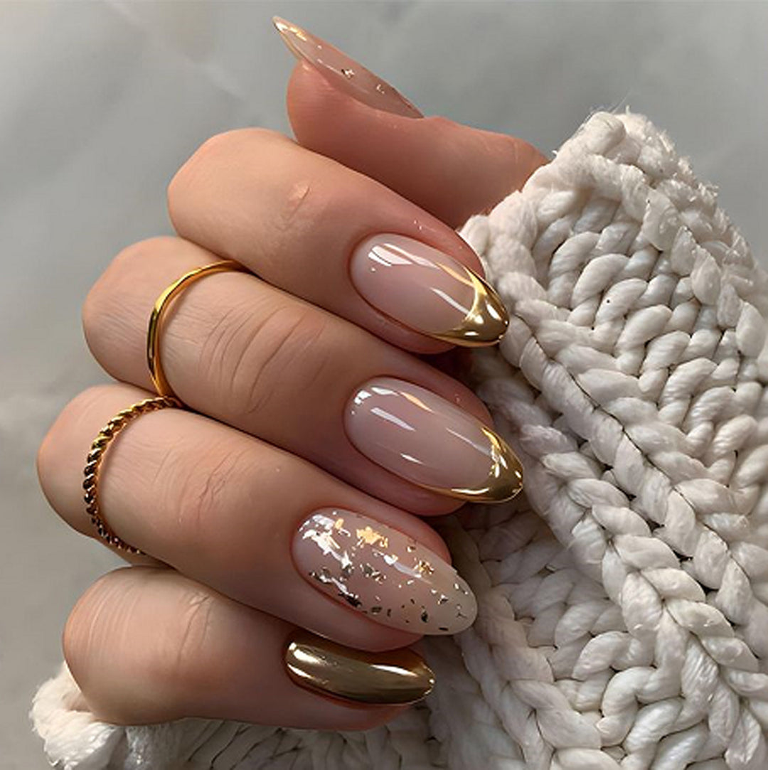 Artistic Stiletto Nails with Glitter and Gold Accents Bowlift
