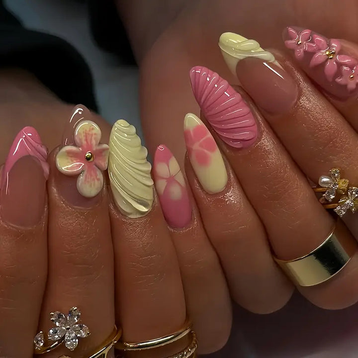 Artistic 3D Floral Press-On Nail Art Bowlift