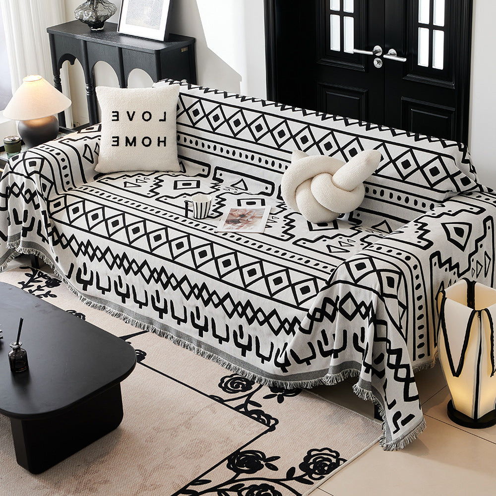 Decorative Fringed Geometric Jacquard Sofa Throw Cover Bowlift