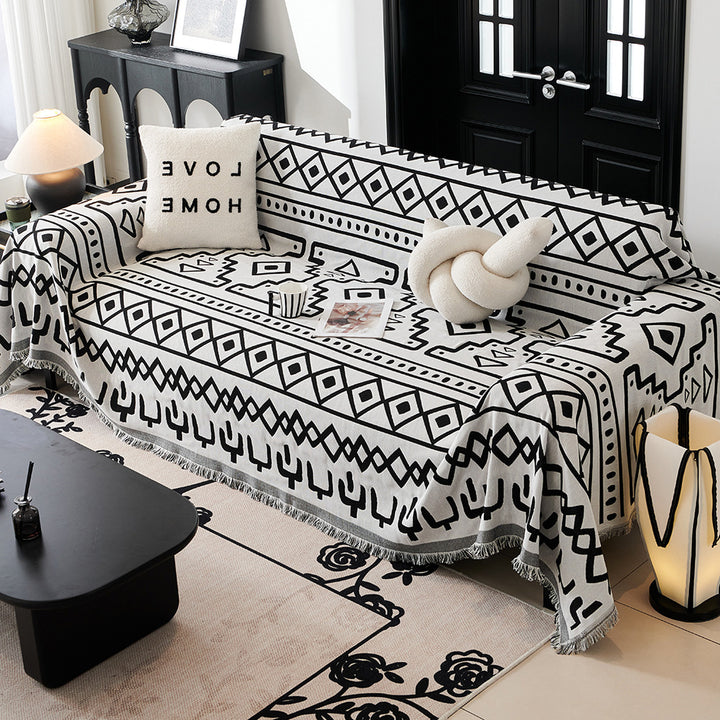 Decorative Fringed Geometric Jacquard Sofa Throw Cover Bowlift