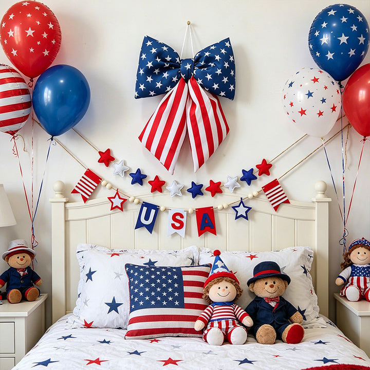 Women with large bow hair clip featuring patriotic star stripe motif Bowlift