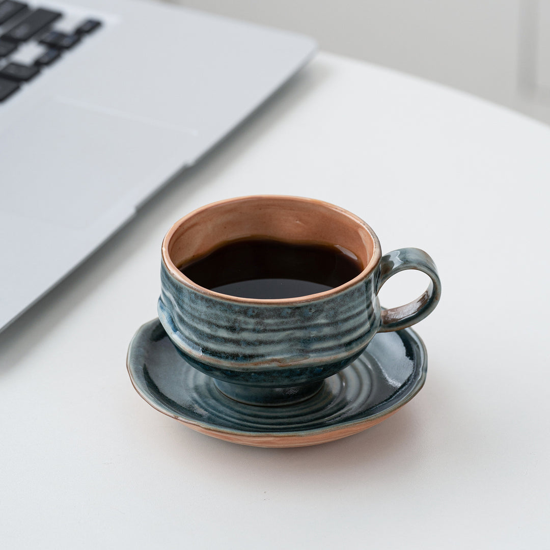 Handcrafted Glazed Footed Ceramic Teacup & Saucer Set Bowlift