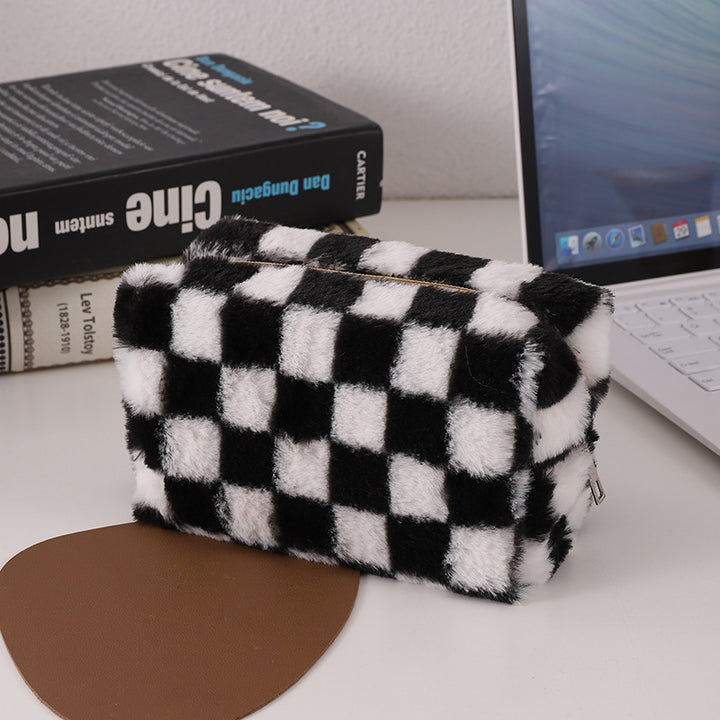 Faux Fur Checkered Zipper Makeup Organizer Pouch Bowlift