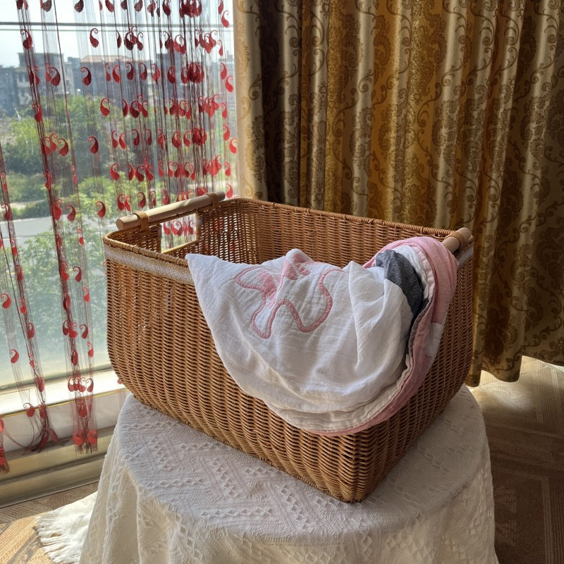 Handcrafted Woven Storage Basket with Wooden Handles Bowlift