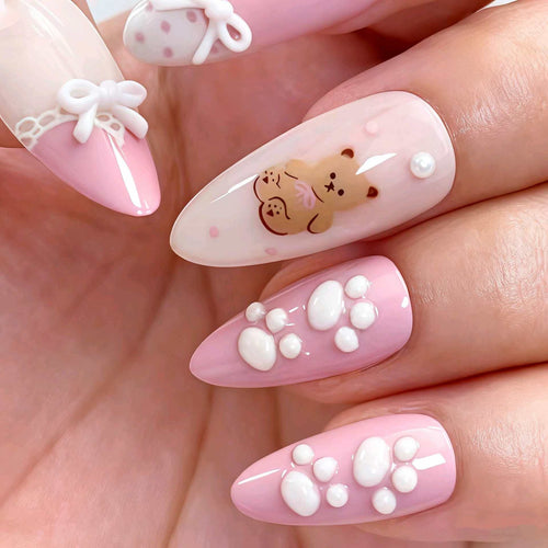 Artistic Bear-Themed Press-On Nail Set Bowlift