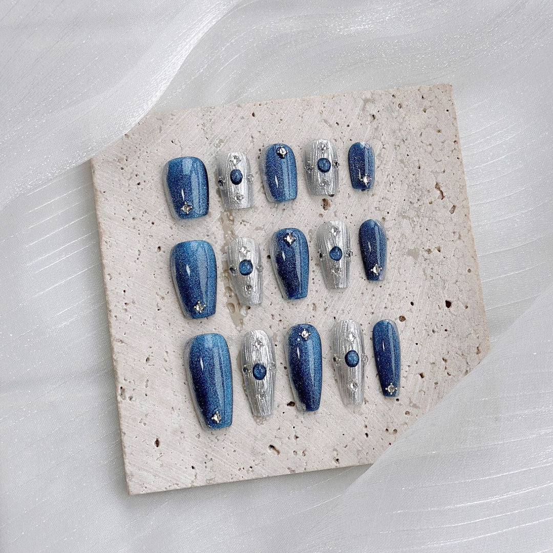 Decorative Press-On Nail Art Set with Glittering Silver Accents