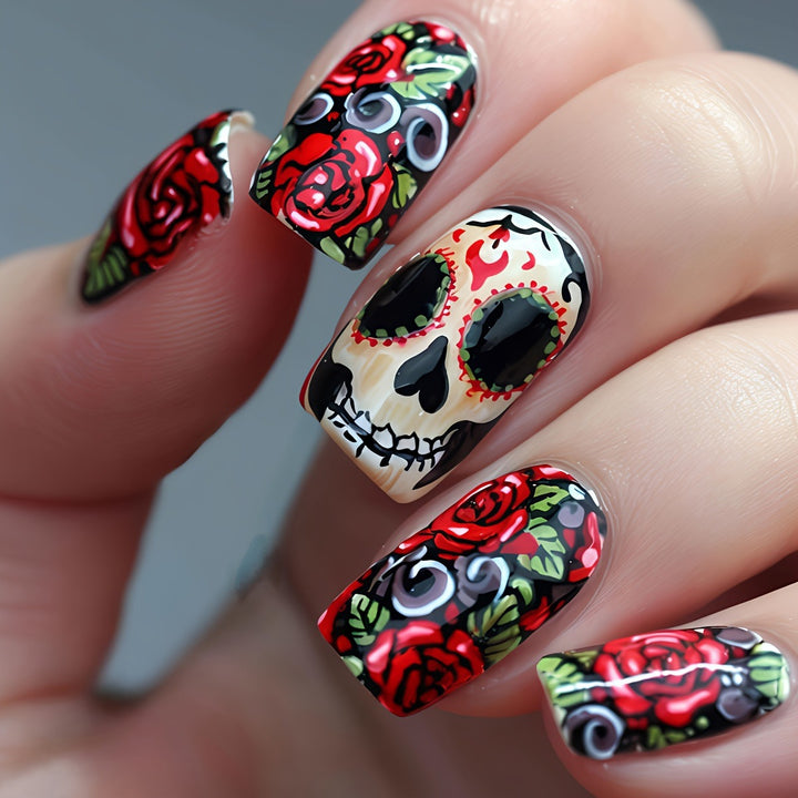 Artistic Skull and Rose Design Nail Art Bowlift