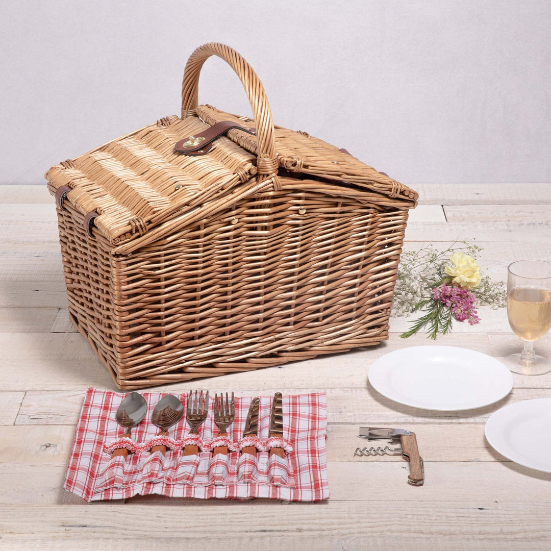 Women's picnic basket with integrated dish set and sturdy carrying handles Bowlift