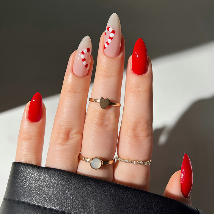 Seasonal Press-On Nail Art Set with Candy Cane and Glossy Finish Bowlift