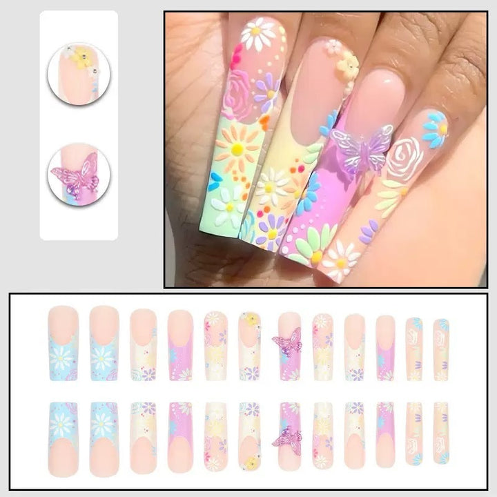 Artificial nails with floral patterns and 3D decorations Bowlift