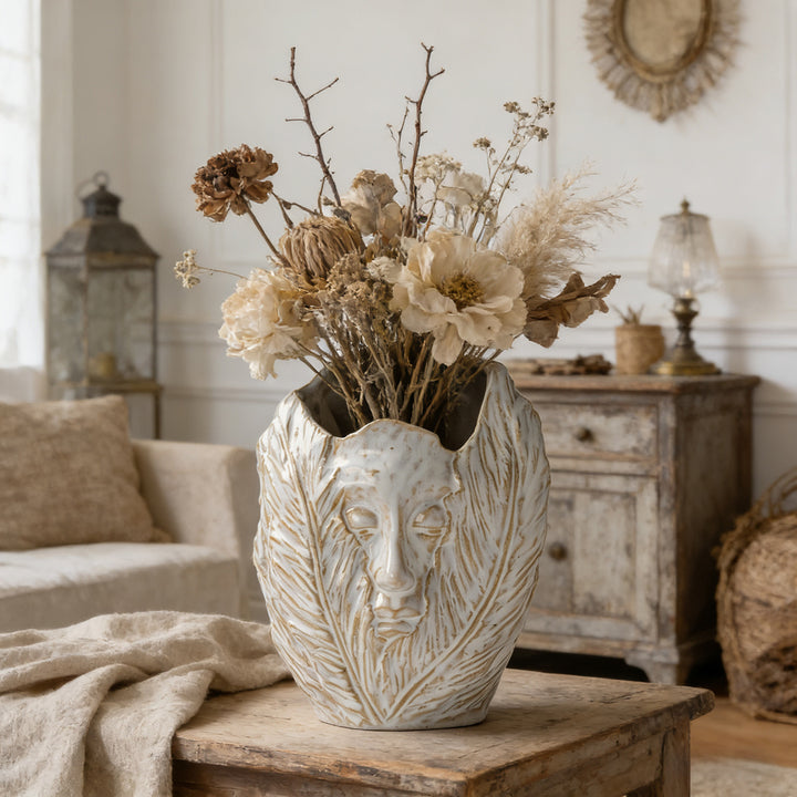Sculptural Ceramic Face & Leaf Texture Tabletop Vase