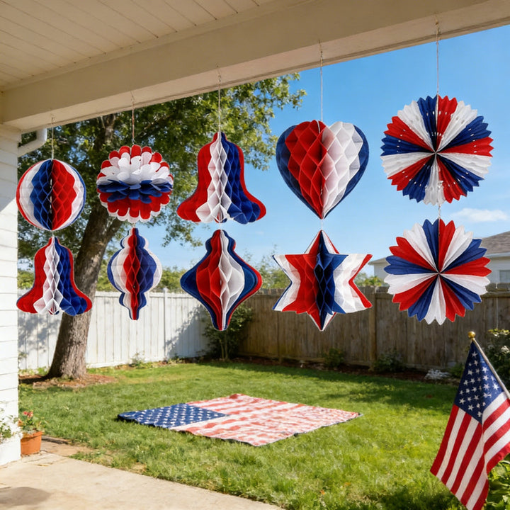 Unisex nan patriotic honeycomb paper hanging party decorations set with assorted three-dimensional shapes Bowlift