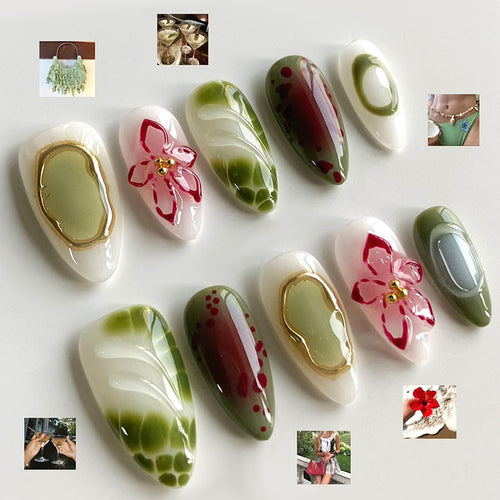 Decorative Press-On Nail Art Set with Floral and Gem Accents Bowlift 1788496103