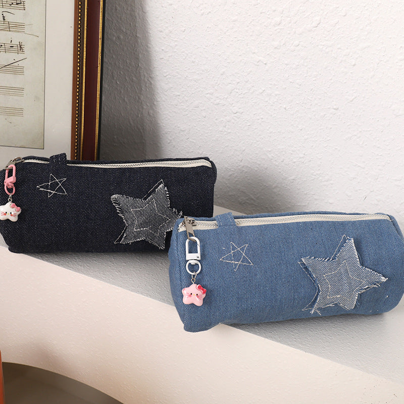 Denim Star Patch Pencil Case and Cosmetic Makeup Bag with Zipper Charm Bowlift