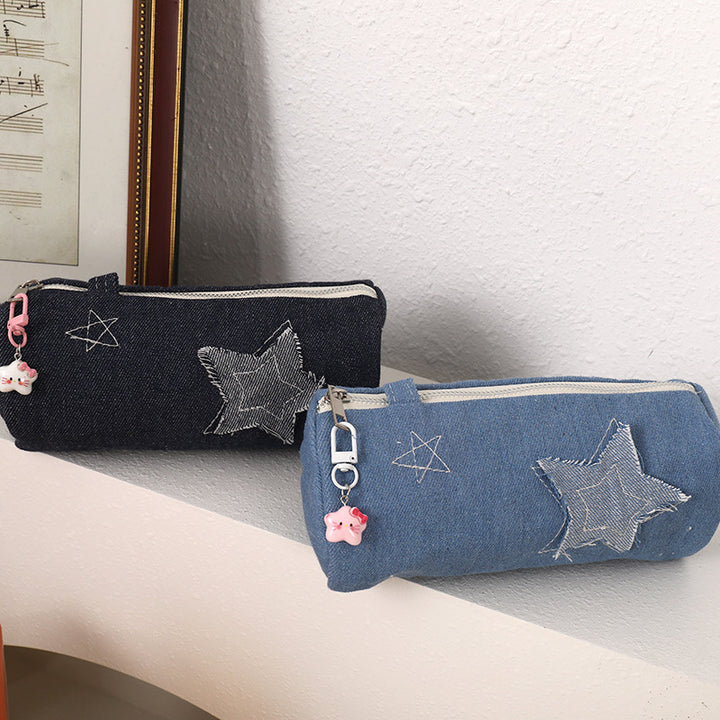Denim Star Patch Pencil Case and Cosmetic Makeup Bag with Zipper Charm Bowlift
