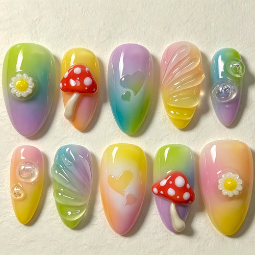 Creative Art Nails In Playful Leaf and Mushroom Design Bowlift