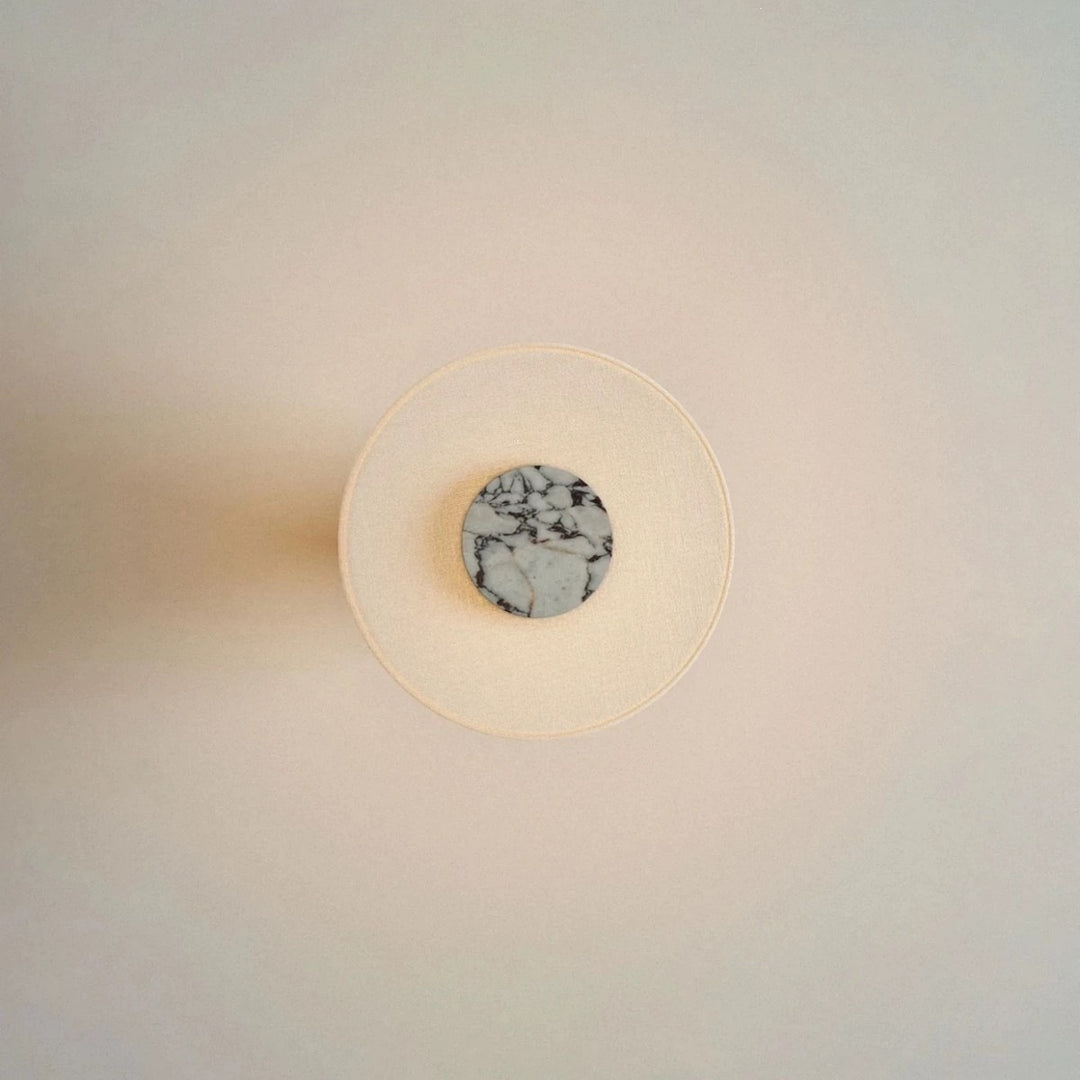 Sculpted natural stone table lamp with fabric drum shade and dimmer Bowlift