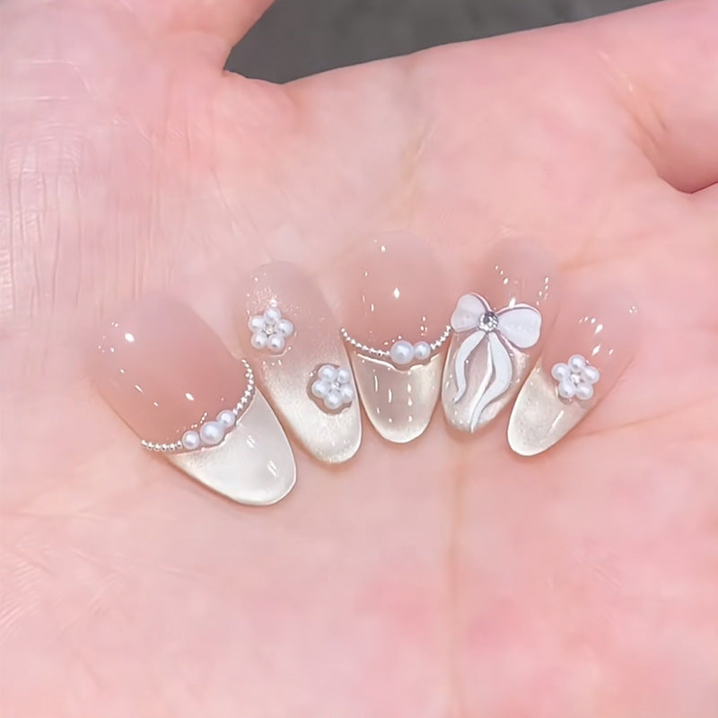 Decorative Press-On Nail Set with Pearl and Floral Accents Bowlift