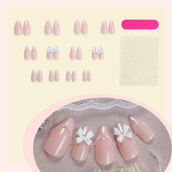 Decorative Press-On Nail Art Set with Elegant Bow and Pearl Accents Bowlift
