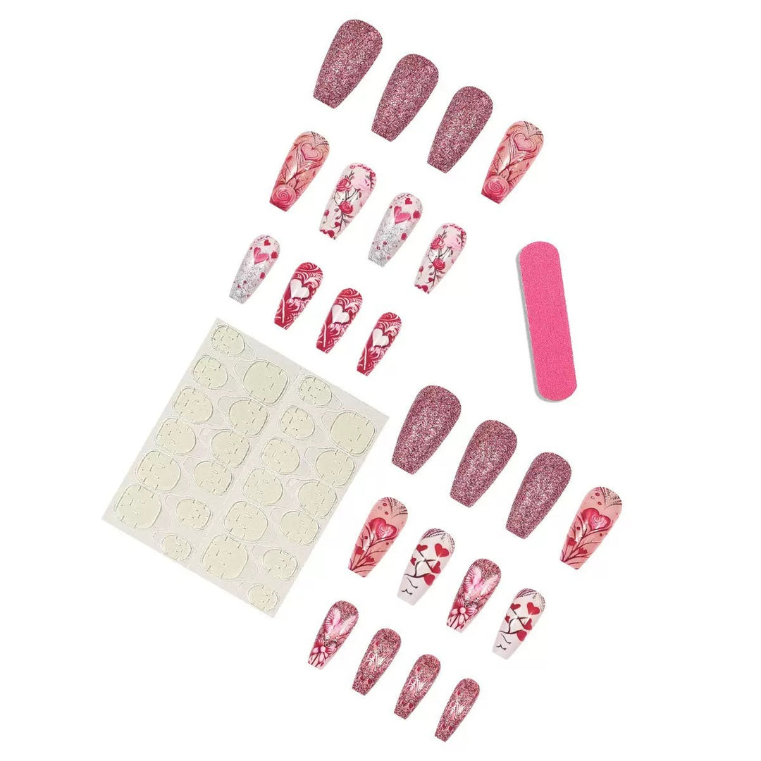 Artificial nail set with romantic heart and flower motifs Bowlift