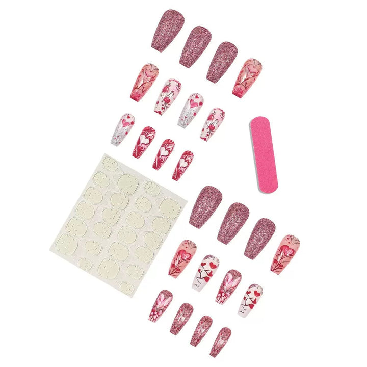 Artificial nail set with romantic heart and flower motifs Bowlift