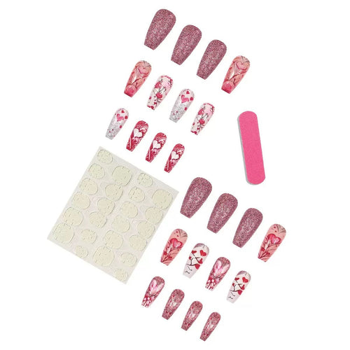 Artificial nail set with romantic heart and flower motifs Bowlift