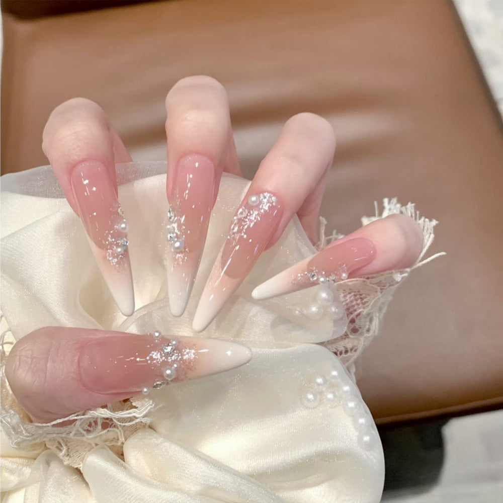 Elegant Stiletto Press-On Nail Art Set with Crystal and Pearl Accents Bowlift