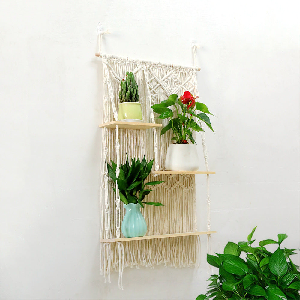 Decorative macrame plant holder with shelves