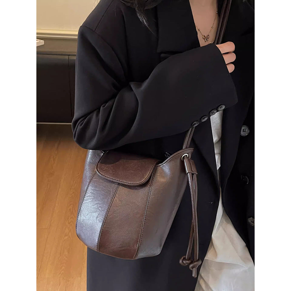 Vintage-Inspired Leather Drawstring Bucket Bag Bowlift