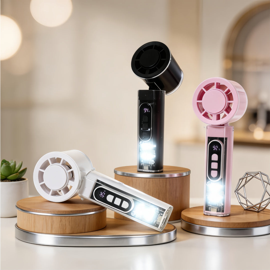 Women Portable Hand Fan with Temperature Display and LED Lighting Bowlift