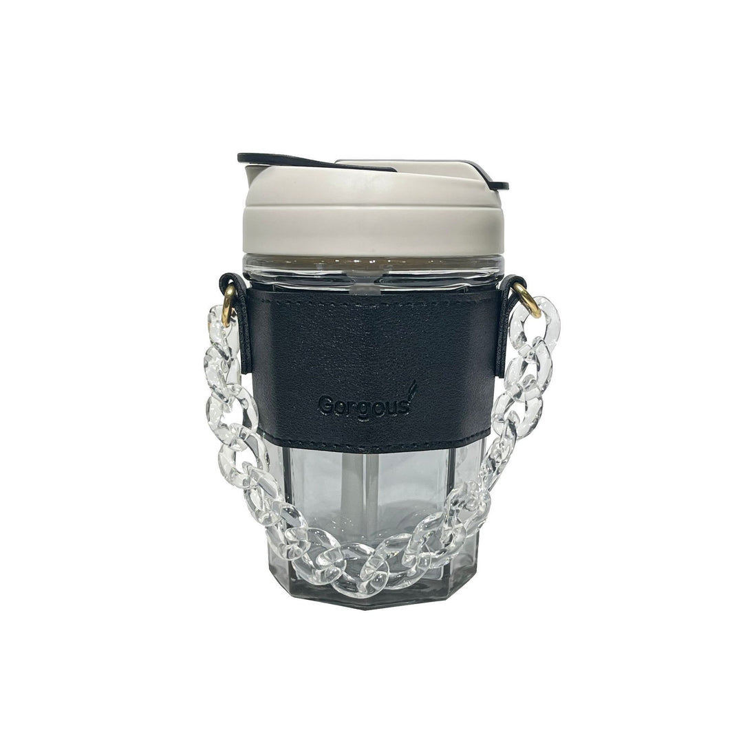 Women drinking cup with elegant leather handle and practical carrying chain Bowlift