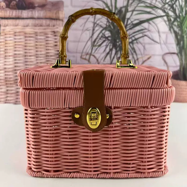 Women's Handwoven Rattan Storage Basket with Belly Pocket Bowlift