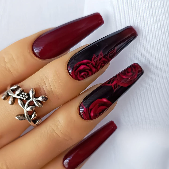 artistic nail tips with floral rose pattern Bowlift