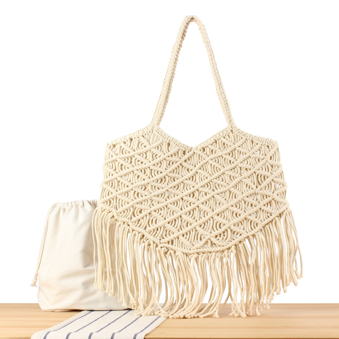 Macrame Tote Bag with Fringed Bottom Bowlift